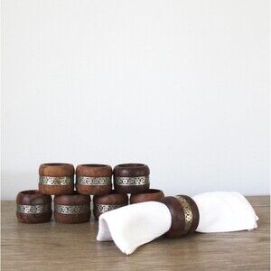 Vintage Teak Wood Napkin Rings Set of 8 Wooden Floral Napkin Holder Round Boho